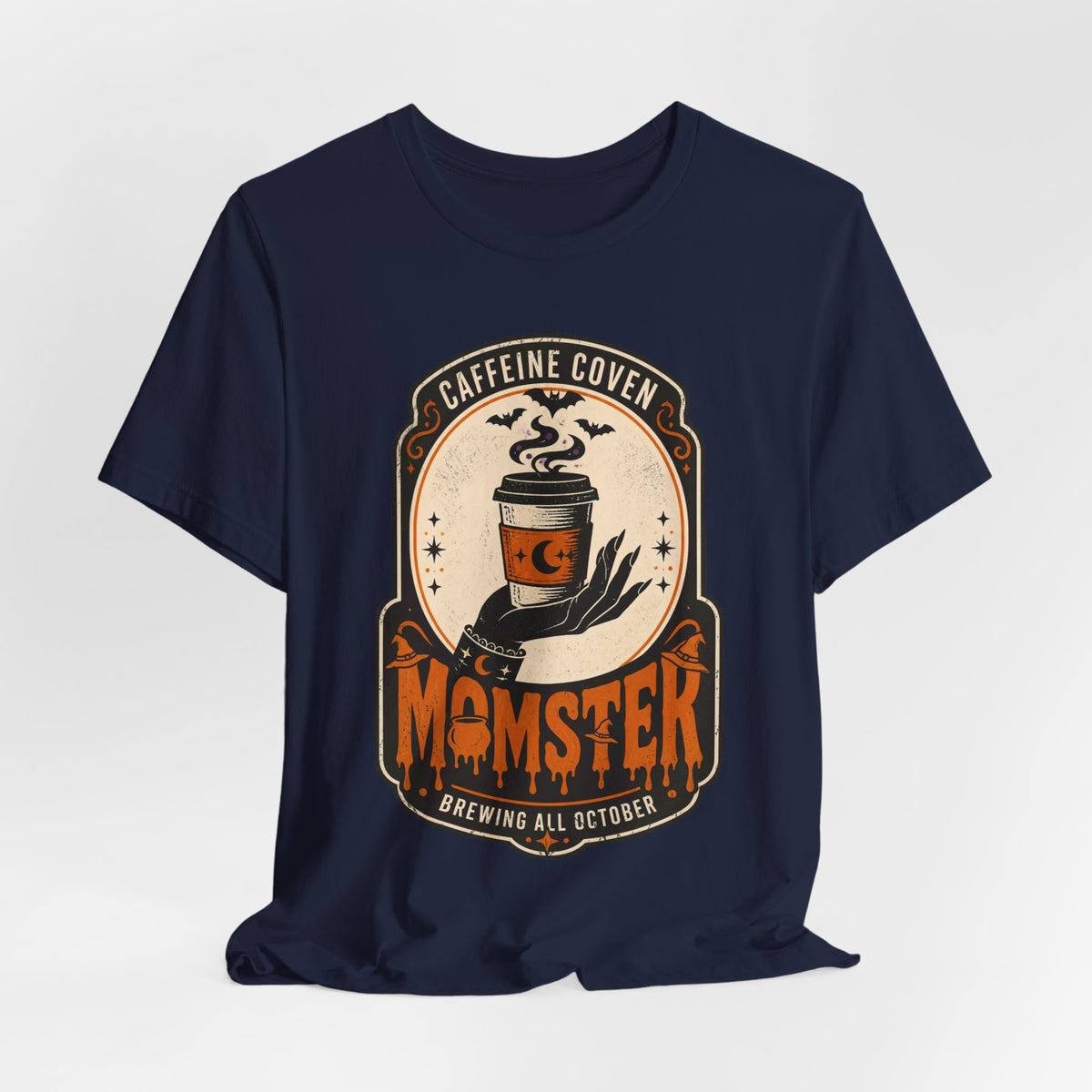 Momster Coffee Coven Tee | Halloween mom tee, spooky orange purple design