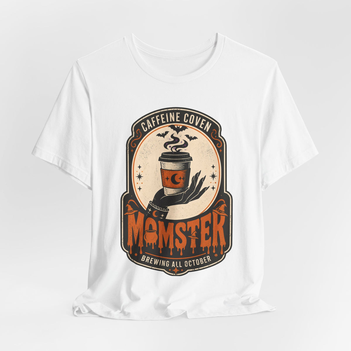 Momster Coffee Coven Tee | Halloween mom tee, spooky orange purple design