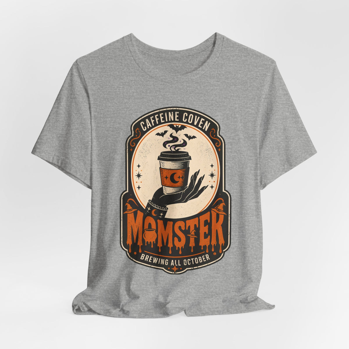 Momster Coffee Coven Tee | Halloween mom tee, spooky orange purple design