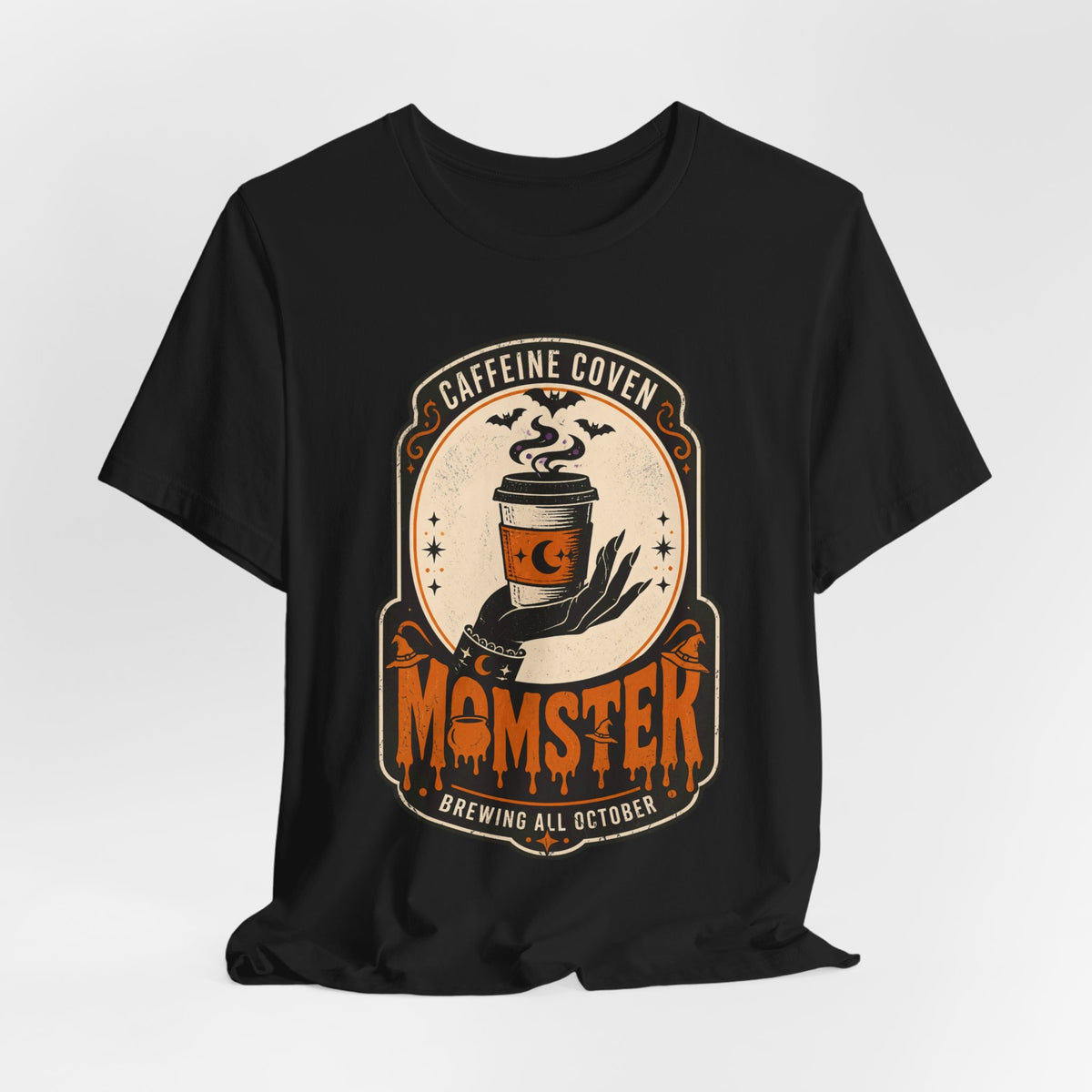Momster Coffee Coven Tee | Halloween mom tee, spooky orange purple design