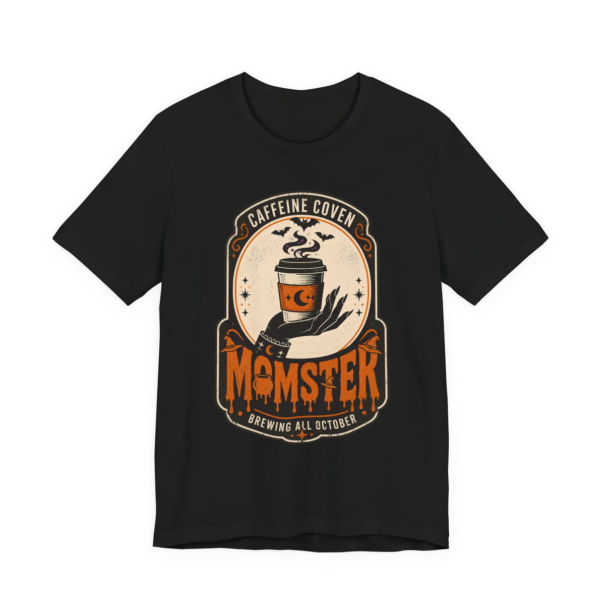 Momster Coffee Coven Tee | Halloween mom tee, spooky orange purple design