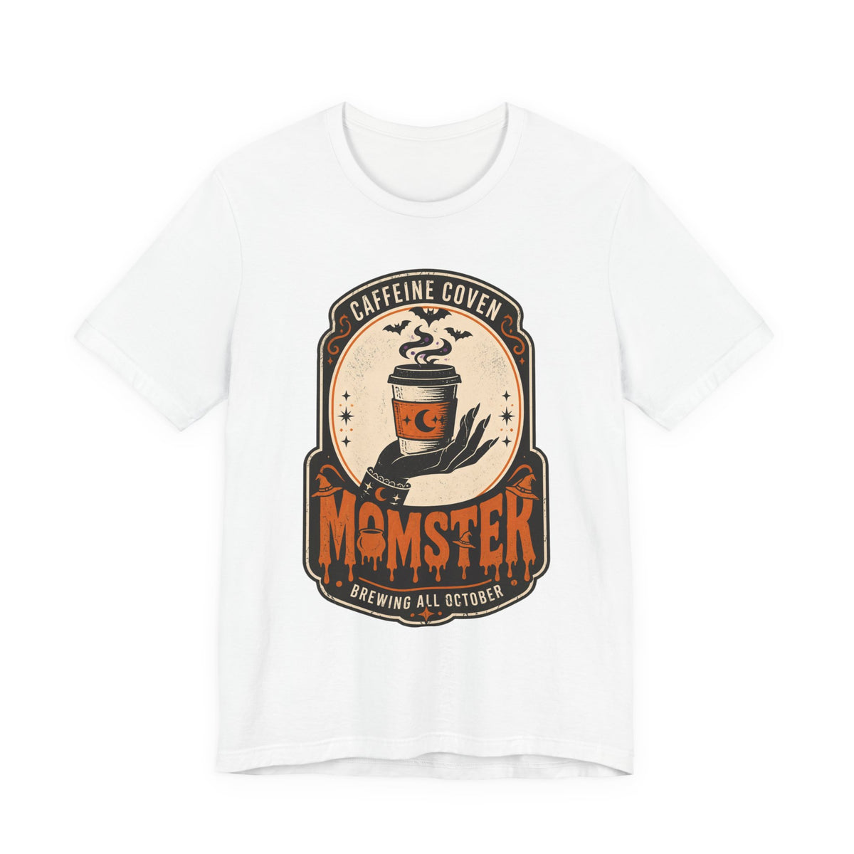 Momster Coffee Coven Tee | Halloween mom tee, spooky orange purple design