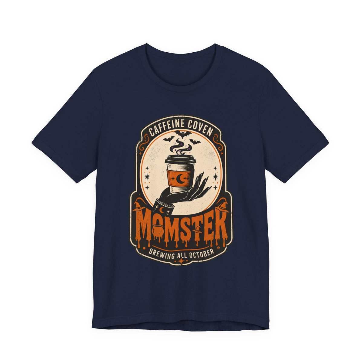 Momster Coffee Coven Tee | Halloween mom tee, spooky orange purple design