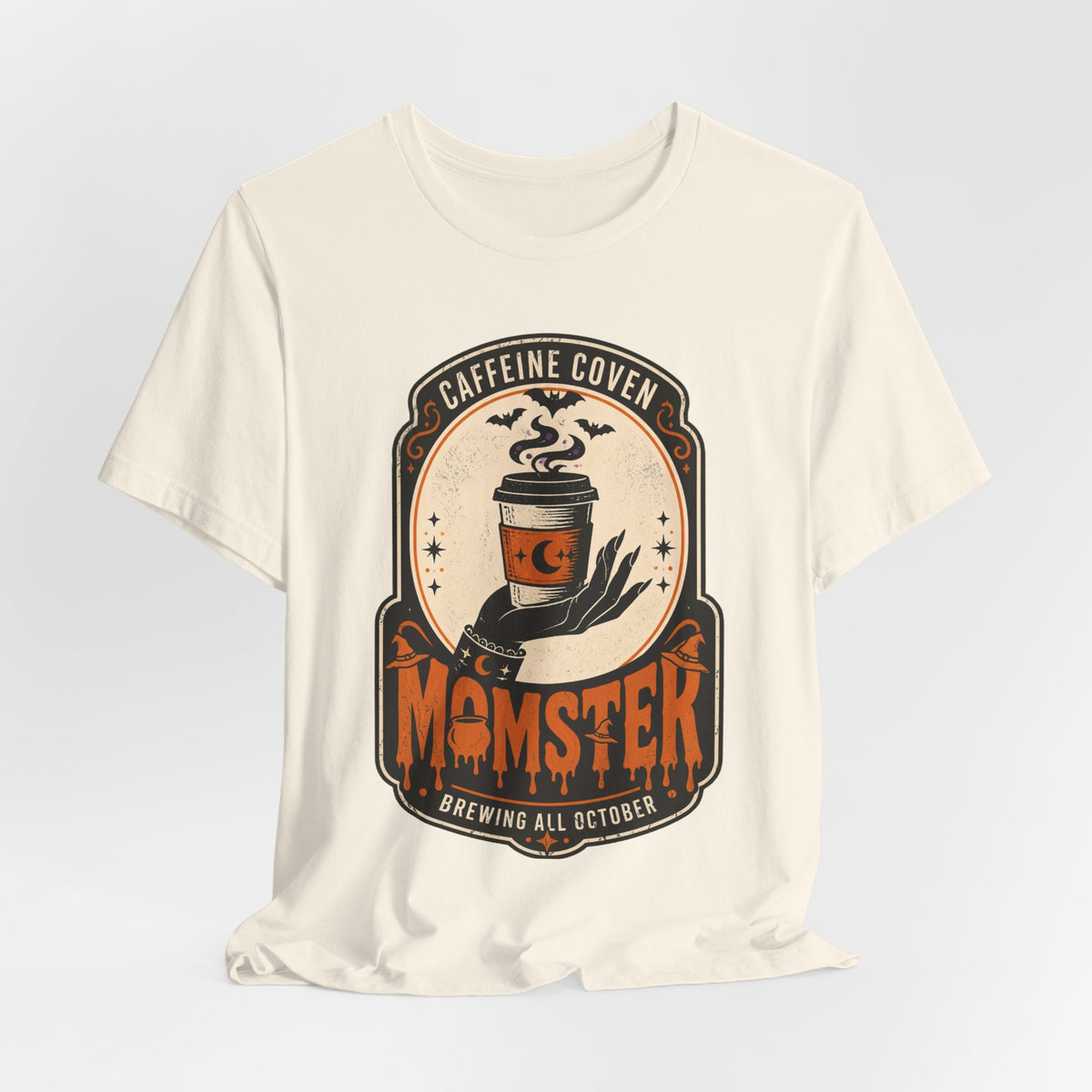 Momster Coffee Coven Tee | Halloween mom tee, spooky orange purple design
