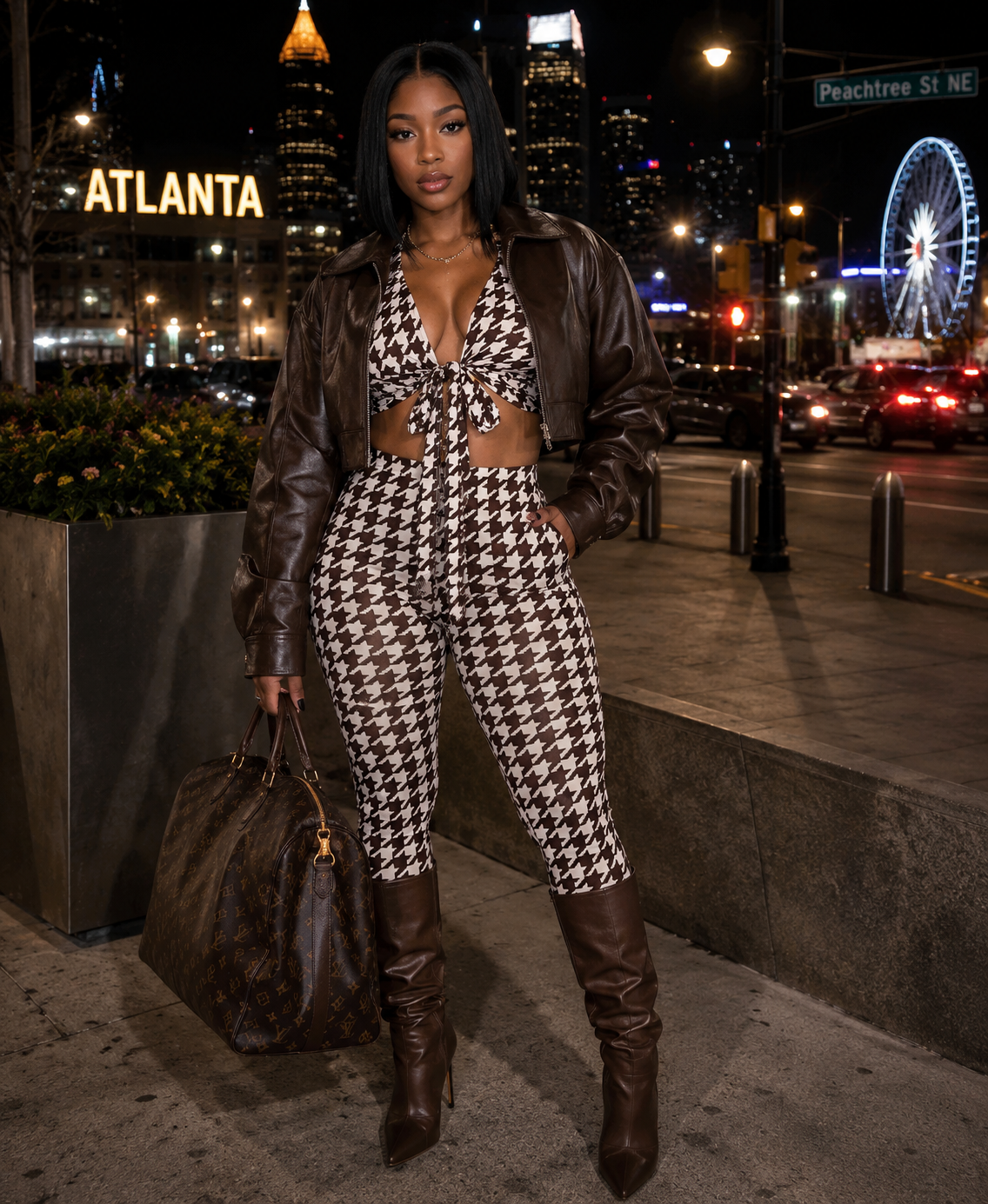 Woman in a houndstooth outfit with a cityscape background including a Ferris wheel.