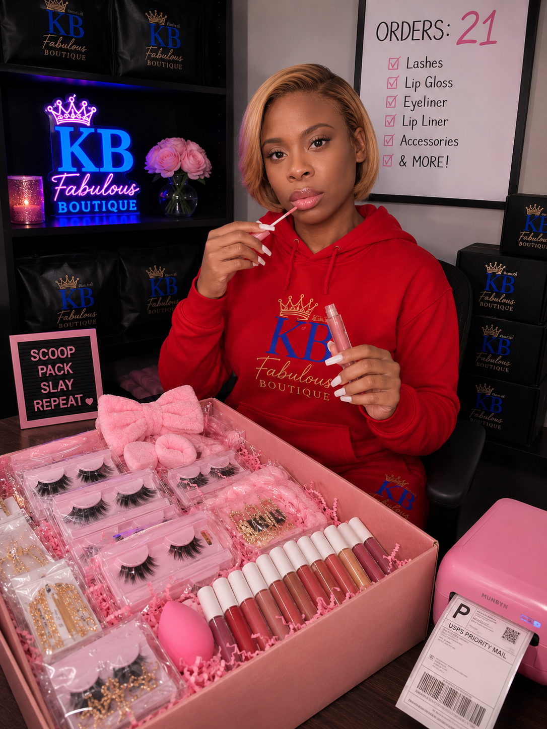 Woman in red hoodie with 'KB Fabulous Boutique' branding, holding a lip gloss in a store setting.