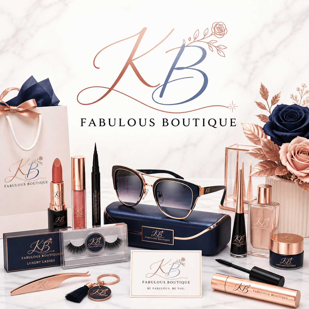 Collection of makeup and fashion products with 'KB Fabulous Boutique' branding on a white background.
