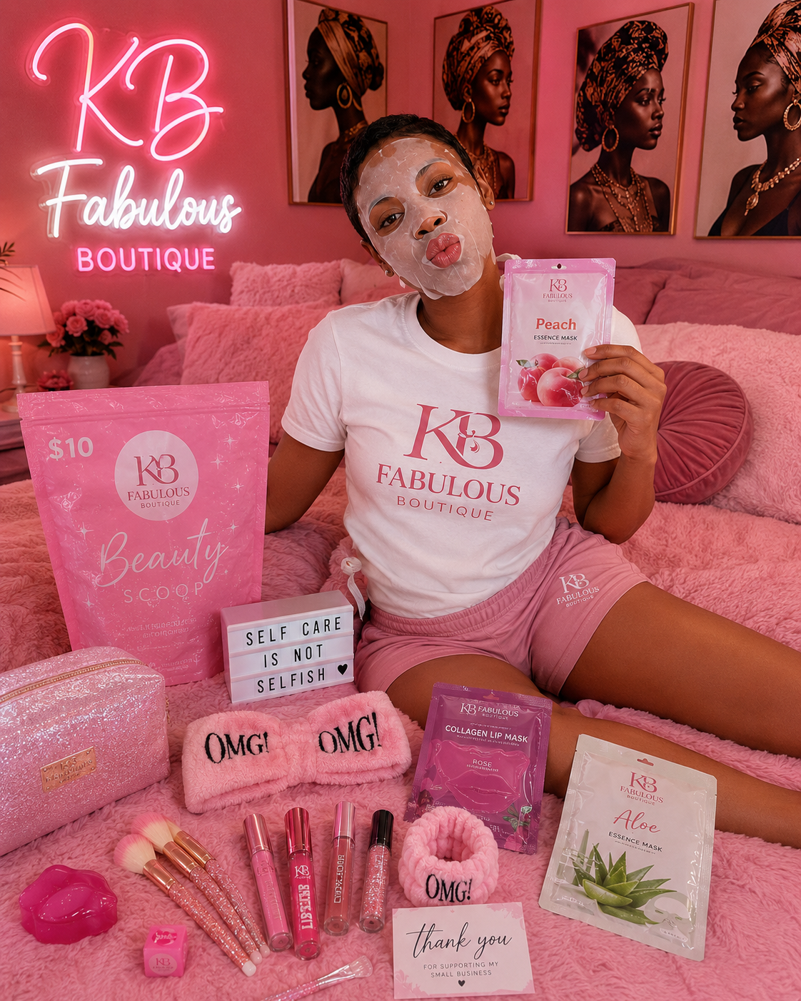 Person in a pink-themed room with 'KB Fabulous Boutique' products and decor.